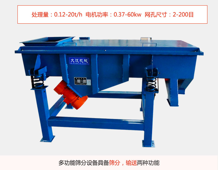 單層直線振動篩特點(diǎn)處理量：0.12-20t/h  電機(jī)功率：0.37-60kw  網(wǎng)孔尺寸：2-200目，多功能篩分設(shè)備具備篩分，輸送兩種功能。